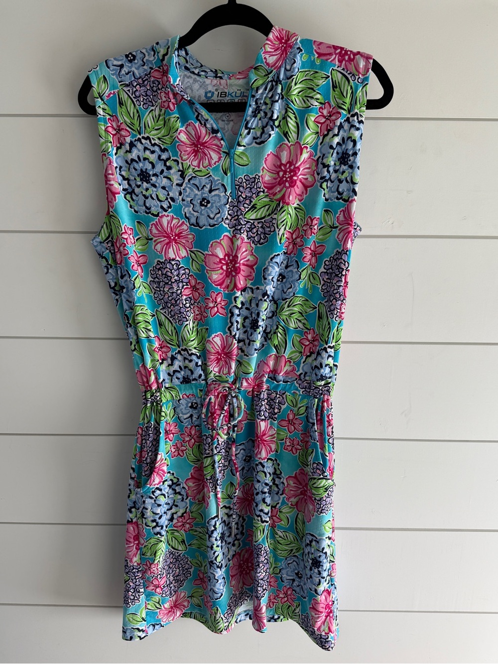 IBKUL Turquoise Floral Drawstring Romper with Pink & Blue Blooms